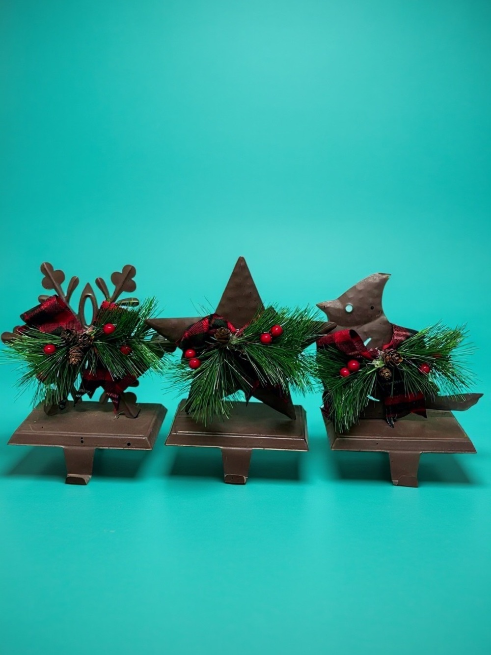Rustic Metal Christmas Bird Snowflake Star Stocking Holders Set of 3
